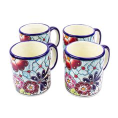 The Contreras Family in Dolores Hidalgo, Mexico, uses traditional Spanish majolica techniques to create beautiful Talavera-style tableware. This colorful set of four mugs is crafted and painted by hand with exuberant floral motifs. The lead-free mugs make a cheerful addition to any breakfast table. Novica | Novica Colors Of Mexico Ceramic Mugs Set Of 4 3.9 H in | 3.3814oz | Wayfair Mexico Gift, Bathtub Accessories, Breakfast Table, Floral Motifs, Mugs Set, Ceramic Mugs, Bowl Set, Floral Motif, Kitchen Dining Room