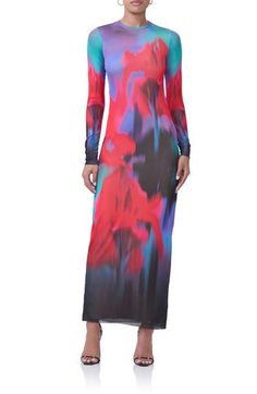 Make a sleek impression in this long-sleeve maxi cut in a smooth, curve-hugging silhouette from gauzy mesh covered in a bold print. Slips on over head Crewneck Long sleeves Lined, except sleeves 95% polyester, 5% spandex Machine wash, tumble dry Imported Multicolor Long Sleeve Maxi Dress For Evening, Sheer Maxi Dress For Fall, Sheer Fitted Maxi Dress With Long Sleeves, Evening Multicolor Stretch Maxi Dress, Fitted Long Sleeve Sheer Maxi Dress, Fall Sheer Maxi Dress, Sheer Long Sleeve Bodycon Maxi Dress, Spring Sheer Long Sleeve Maxi Dress, Spring Stretch Maxi Dress With Sheer Sleeves