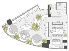 the floor plan for an office with seating and desks, including two couches