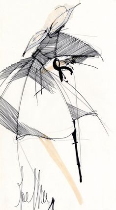 a drawing of a woman in a dress with an umbrella over her head and writing on the side