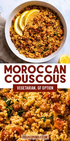 the cover of moroccan couscous is shown with lemons and herbs in it