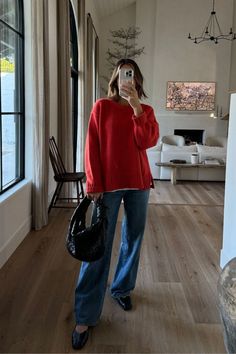 if you need a casual holiday outfit, this combo wins every time. red is the color of the season, and this red sweater is working overtime in my wardrobe. tap to shop this look! Red Pullover Outfit, Red Sweater Outfit Winter, Red Outfit Casual, Europe In Spring, Thrifting Outfits, Cashmere Sweater Outfit, Clueless Closet, Spring Sweater Outfits