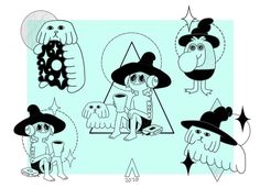 an image of children's drawings in black and white on a blue background with stars