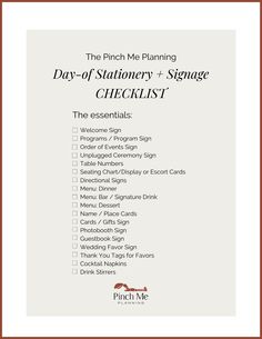 the pinch me planning day of stationery sign up checklist is shown in red and white