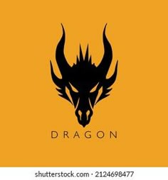 the head of a dragon with long horns on an orange background, suitable for logos and emblems