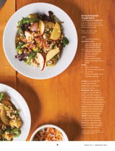 two white bowls filled with food sitting on top of a wooden table next to an apple