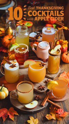 the cover of 10 best thanksgiving cocktails with apple cider, cinnamon and apples