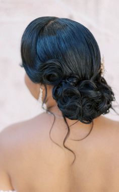 Back Bun Wedding Hair, Black Women Updos For Wedding, Braidmaids Hairstyles Ponytail, Wedding Bridesmaid Hair Black Women, Wedding Updo For African American Hair, Low Bun Wedding Hair Black Bride, African Bride Hairstyles Black Women