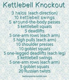 the kettlebell knockout workout plan is shown in blue and white, with instructions for each