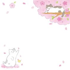 two cats sitting on a tree branch with pink flowers in the sky and one cat laying down