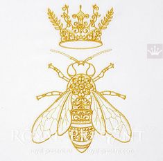 a bee with a crown on it's head is shown in gold threadwork