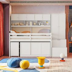 a child's bedroom with bunk beds and toys on the floor in front of it