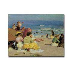 a painting of people sitting on the beach