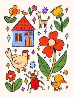 a drawing of flowers and animals in front of a house with a bird on the roof