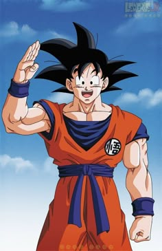 a cartoon character in an orange outfit with his hands up and one hand out to the side