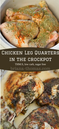 chicken leg quarters in the crockpot with herbs and seasoning on top, next to an image of broccoli