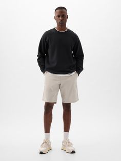 Smooth cotton-blend twill shorts.  Button closure, zip fly.  Front slant pockets, back button-welt pockets.  This short is made with 98% regenerative cotton, which is grown using holistic agricultural practices that improve soil health, climate resilience, water retention, and local biodiversity.  * Fit: Relaxed.  An easy silhouette throughout.  Mid rise.  Models are 6′1″–6′2″ 185 cm–188 cm) with a 31″ 79 cm) waist & 32–33″ 81 cm–84 cm) inseam & are wearing Gap Men Crewneck Outfit, Vintage Summer Outfits Men, Gap Relaxed Fit Shorts, Gap Relaxed Fit Cotton Shorts, Men’s Khaki Shorts Outfit, Men’s 5 Inch Shorts Outfit, Dude Fits, Basketball Lifestyle, Men’s Cargo Shorts