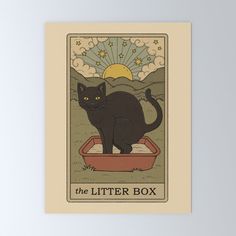 a black cat sitting on top of a box with the words the litter box below it