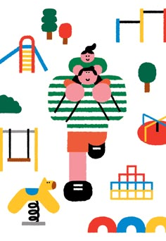 an illustration of a person in striped shirt and hat with toys around him on a white background