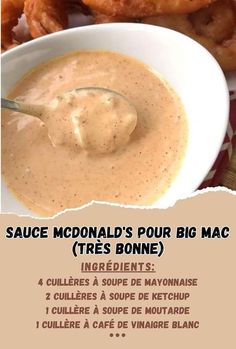 a bowl of dipping sauce next to some fried chicken wings on a plate with the words sauce mcdonald's pour big mac