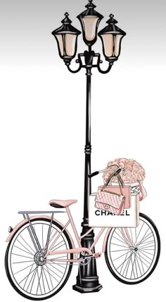 a pink bicycle parked next to a lamp post with a basket on it's back