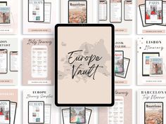 the european travel brochure is displayed on top of a white background with black and pink