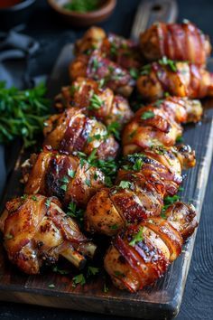 chicken wrapped in bacon and garnished with parsley on a wooden cutting board