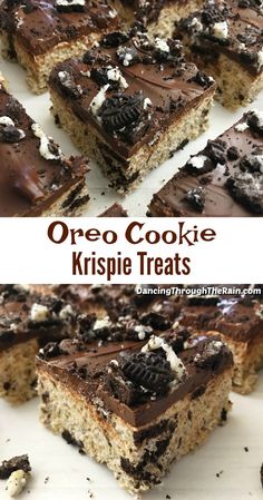 oreo cookie krispie treats are stacked on top of each other