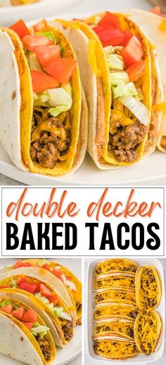 this double decker baked tacos is loaded with meat, lettuce and tomatoes