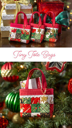 three different christmas bags sitting on top of a tree with presents in the background and text overlay that reads, tiny tote bags