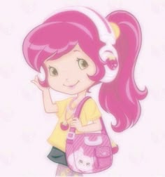 a cartoon girl with pink hair holding a handbag and looking at the camera while standing in front of a white background