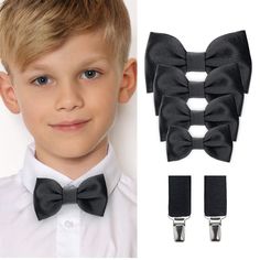 "Handmade Black Satin Accessories for any occasion: Wedding, Birthday, Baptism, Christening, Gift, and others. All Accessories are packaged in stylish gift boxes! BOW TIES: Type: Pre-tied Bow tie sizes: *  Adult (14+ years): 2,4 x 4,5\" (6 x 11,5 cm.) *  Youth (8 - 13 years): 2,2 x 4,0\" (5,5 x 10 cm.) *  Child (4 - 7 years): 2,0 x 3,6\" (5 x 9 cm.) *  Toddler (1 - 3 years): 1,6 x 3,2\" (4 x 8 cm.) Adjustable bow tie straps length: *  Adult: ~20,5\" (52cm.) *  Youth:~18\" (45cm.) *  Child: ~18\" Suspenders Ring Bearer, Satin Accessories, Pocket Square Size, Dad And Son, Satin Noir, Wedding Black, Pre Tied Bow Tie, Bow Tie Set, Tie Set