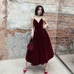 Burgundy Homecoming Dress, Tea Length Prom Dress, Prom Dress Burgundy, Velvet Evening Dress, Velvet Prom Dress, Burgundy Bridesmaid Dresses, Short Prom Dress, 2019 Fashion, Dress Silhouette