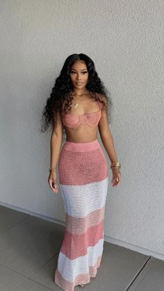 Crochet Outfits Two Piece, Crochet Top Bigger Chest, Pink Vacation Outfits Black Women, Outfit Ideas Black Women Going Out, Jouvert Outfit Ideas Carnival, Rooftop Dinner Outfit, Outfits For Puerto Rico, Jamaican Vacation Outfits, Tropical Vacay Outfits