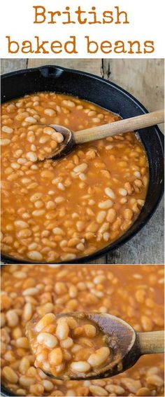 baked beans in a skillet being stirred with a wooden spoon and then topped with cooked beans