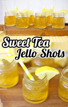 sweet tea jello shots in mason jars with lemon wedges on the side and text overlay