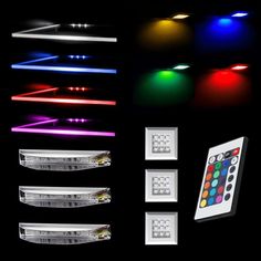 several different colored lights and remote controls on a black background, including one with an array of colors