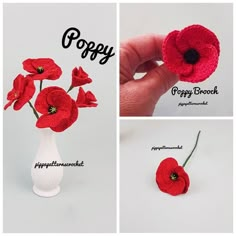 crocheted red flowers in a white vase with the words poppy written below it