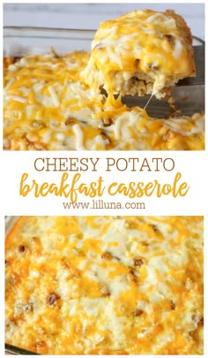 cheesy potato breakfast casserole with cheese on top