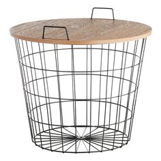 a metal wire basket with wood top