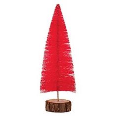 a small red christmas tree on a wooden stand