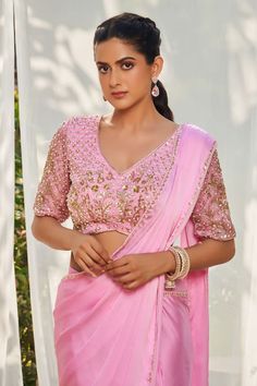 Pink pre-draped saree with an embroidered border. Paired with a padded sequin and pearl embroidered blouse. - Aza Fashions Draped Saree, Drape Saree, Embroidered Border, Blouse For Women, Saree With Blouse, Pink Pearl, Pink Satin, Embroidered Blouse, Aza Fashion