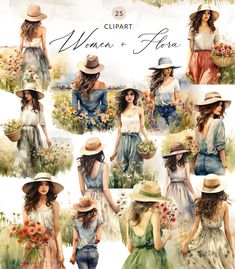 women in hats and dresses are walking through the grass with flowers on their heads,