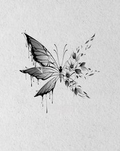 a black and white drawing of a butterfly with flowers on it's back side