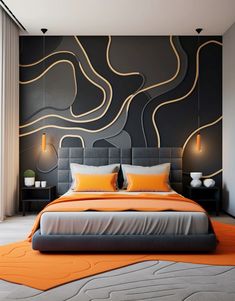 a modern bedroom with orange and gray decor