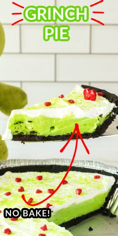 there is a piece of green pie on the plate and an image of a teddy bear