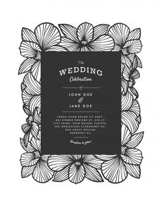 wedding card with flowers and place for the text on white background, black and white