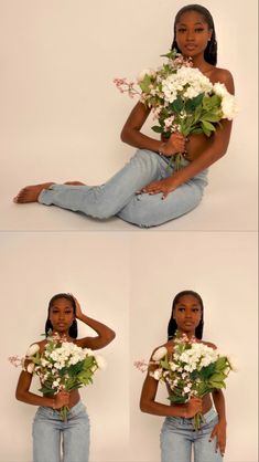 a woman sitting on the floor with flowers in her hands and holding one arm behind her head