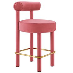 a pink stool with gold legs and a round seat on the back, in front of a white background