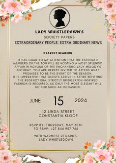 a white paper with pink flowers on it and a gold frame around the edges that says lady whistledown's